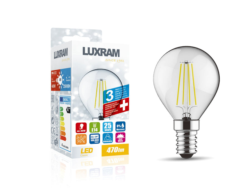 Luxram Value Classic LED Ball E14 Dimmable 4W 4000K Natural White, 470lm, Clear Finish, 3yrs Warranty  • 1410803