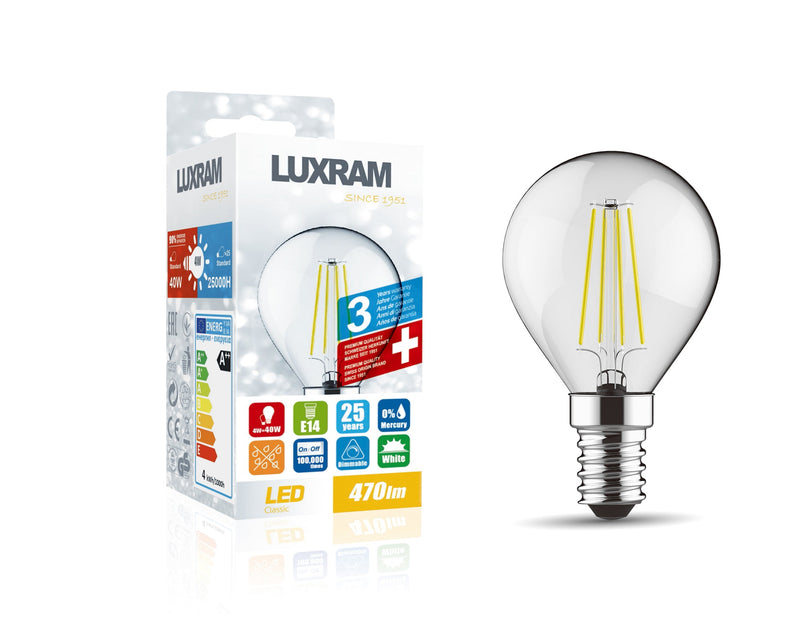 Luxram Value Classic LED Ball E14 Dimmable 4W 6000K Cool White, 470lm, Clear Finish, 3yrs Warranty  • 1410804