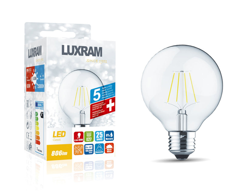 Luxram Classic LED Globe 80mm E27 6.5W 2700K Warm White 806lm Dimmable Clear Finish 3yrs Warranty • 1411071