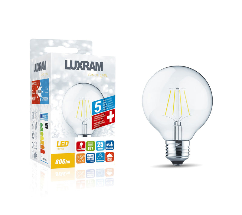 Luxram Classic LED Globe 80mm E27 6.5W 4000K Natural White 806lm Dimmable Clear Finish 3yrs Warranty  • 1411073