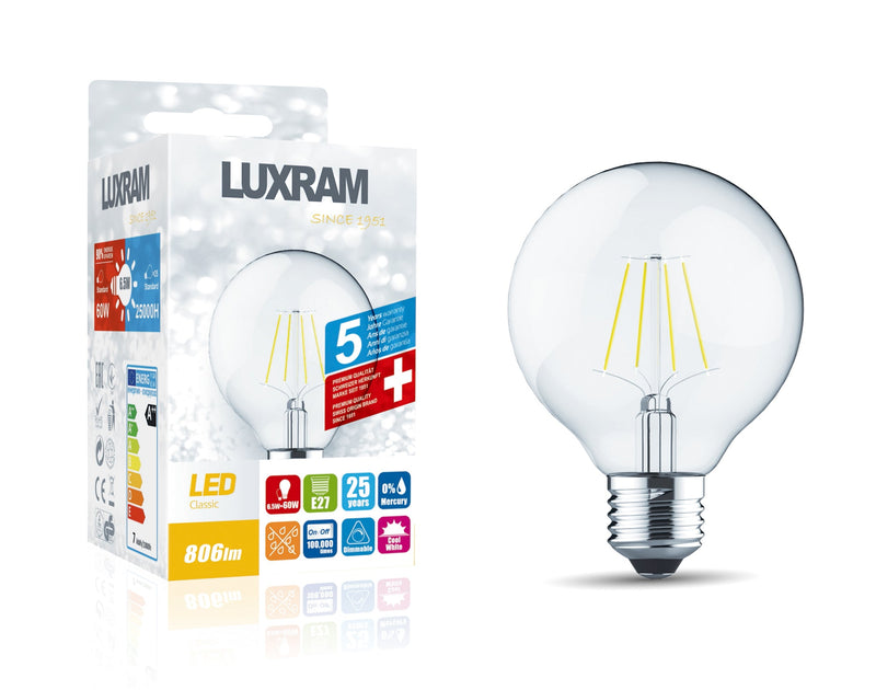 Luxram Classic LED Globe 80mm E27 6.5W 4000K Natural White 806lm Dimmable Clear Finish 3yrs Warranty  • 1411073