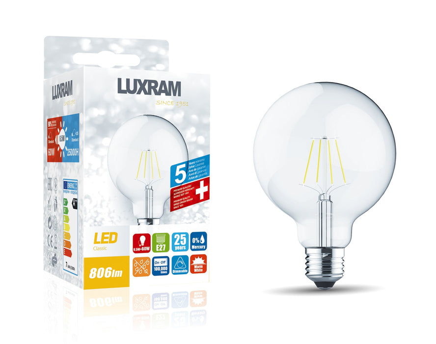 Luxram Classic LED Globe 95mm E27 6.5W 2700K Warm White 806lm Dimmable Clear Finish 3yrs Warranty • 1411221