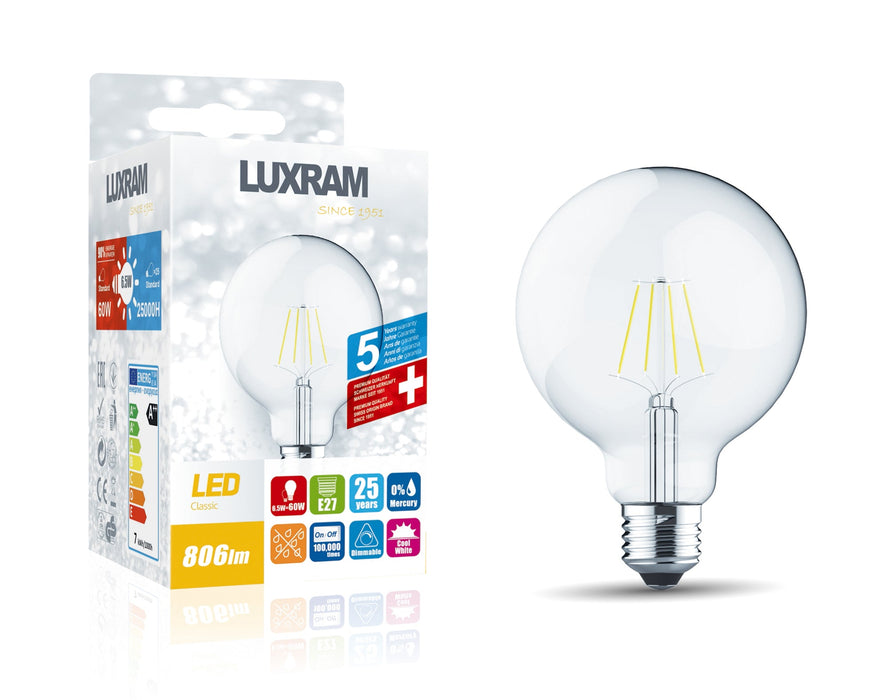 Luxram Classic LED Globe 95mm E27 6.5W 4000K Natural White 806lm Dimmable Clear Finish 3yrs Warranty  • 1411223