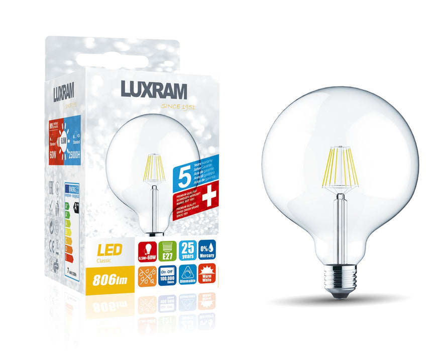 Luxram Classic LED Globe 120mm E27 6.5W 2700K Warm White 806lm Dimmable Clear Finish 3yrs Warranty  • 1411371