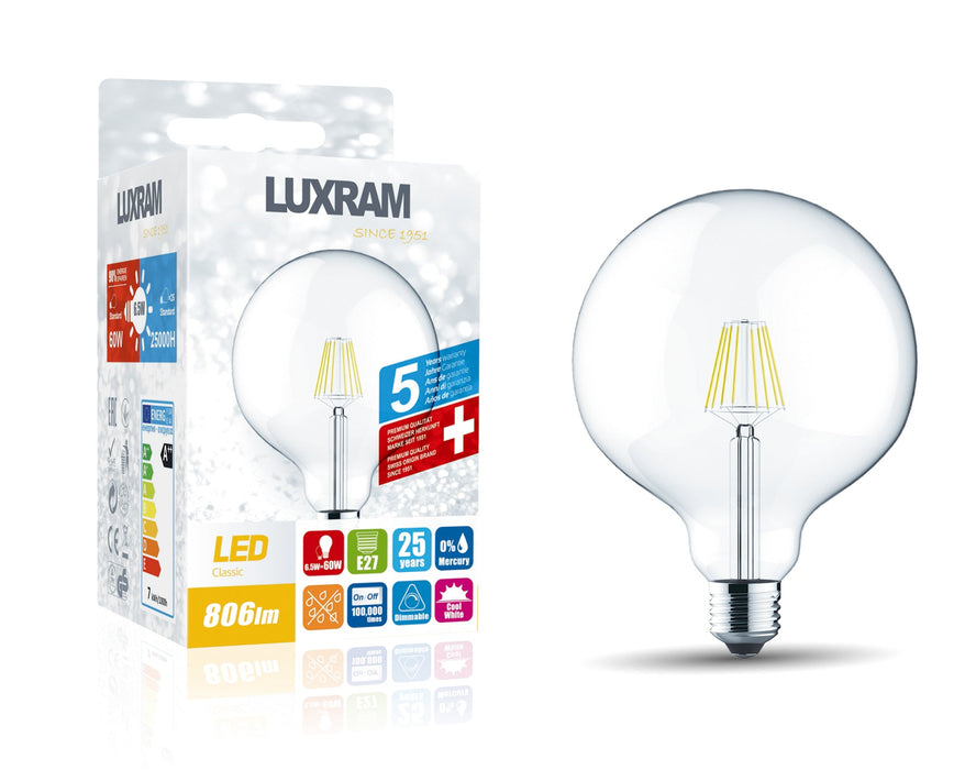 Luxram Classic LED Globe 120mm E27 6.5W 4000K Natural White 806lm Dimmable Clear Finish 3yrs Warranty • 1411373