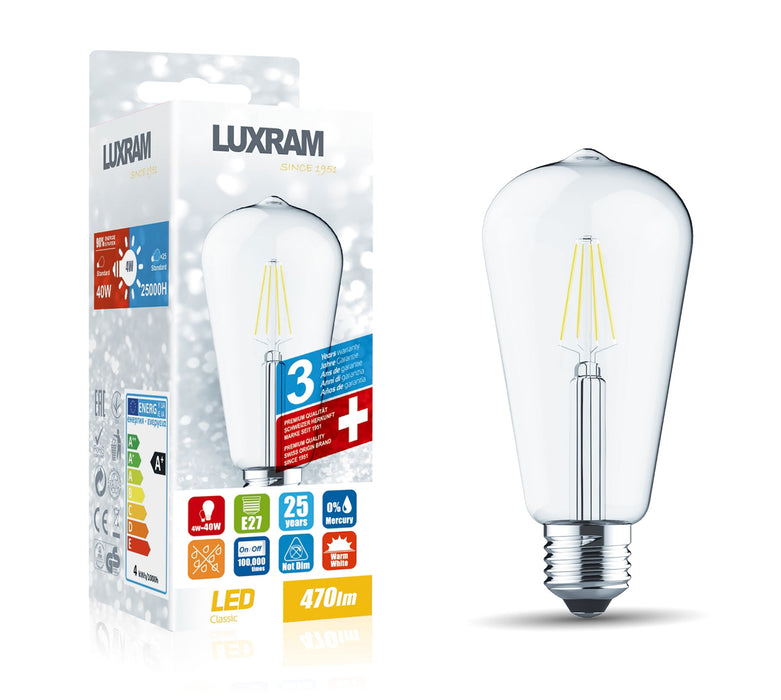 Luxram Value Classic LED Rustica Tradition Tip ST64 E27 4W 2700K Warm White Clear Glass, 3yrs Warranty • 1411451