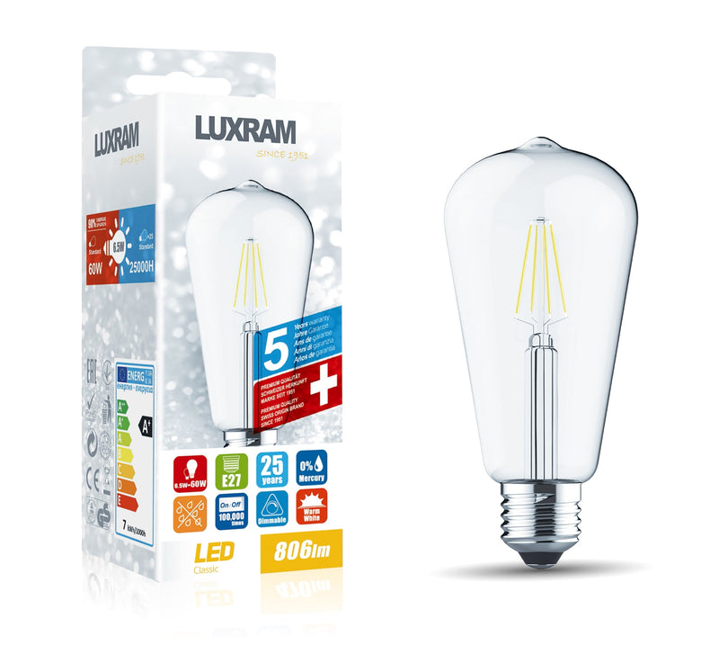 Luxram Value Classic LED Rustica Tradition Tip ST64 E27 6.5W Dimmable 2700K Warm White Clear Finish, 3yrs Warranty • 1411491