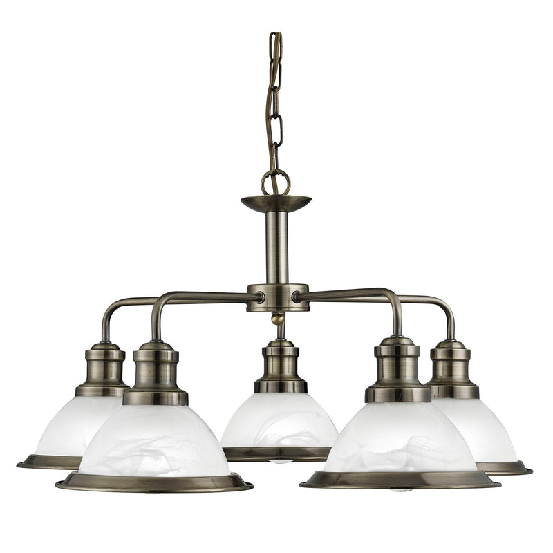 Searchlight Bistro - 5Lt Ceiling, Antique Brass, Marble Glass • 1595-5AB