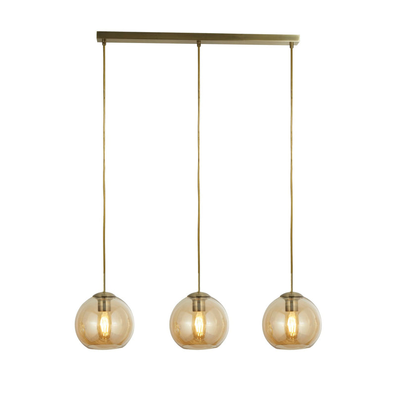 Searchlight Balls  3Lt Bar Pendant, Antique Brass With Amber Glass • 1623-3AM