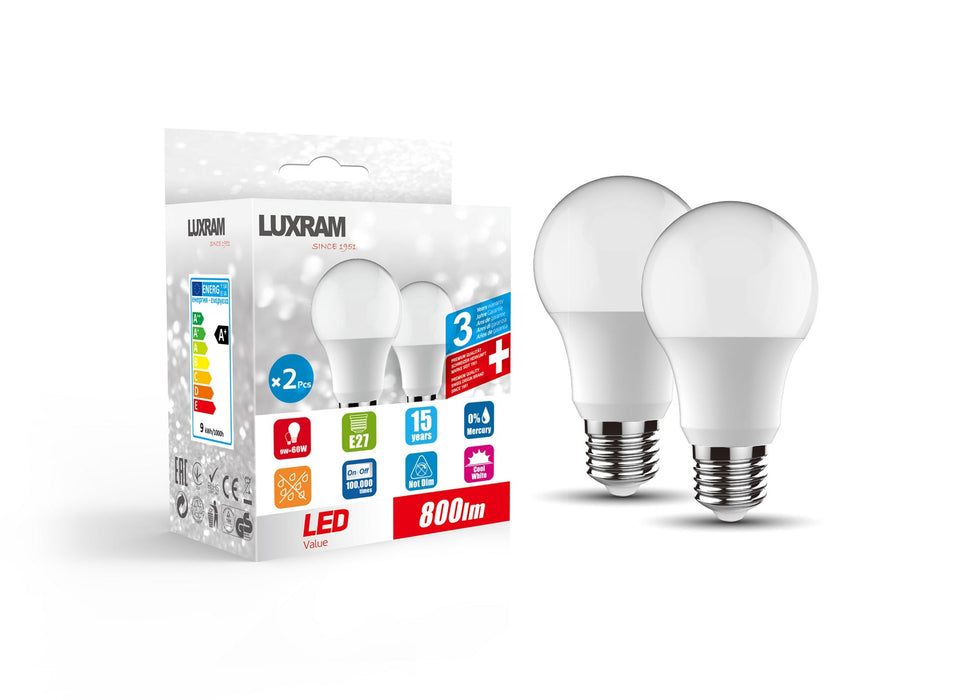 Luxram Duo-pack LED GLS E27 9W 800lm 4000K Natural White Linear Driver 3yrs Warranty • 1910003