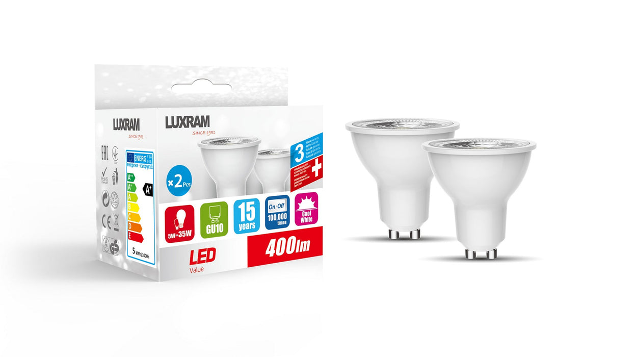 Luxram Duo-pack LED GU10 5W 400lm 4000K Natural White Linear Driver 3yrs Warranty • 1910013