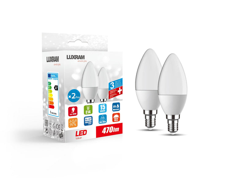 Luxram Duo-pack LED Candle E14 5W 470lm 3000K Warm White Linear Driver 3yrs Warranty • 1910032