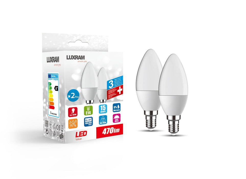 Luxram Duo-pack LED Candle E14 5W 470lm 4000K Natural White Linear Driver 3yrs Warranty • 1910033