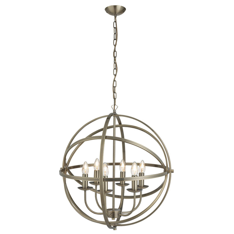 Searchlight Orbit 6Lt Cage Frame Orb Pendant, Antique Brass • 2476-6AB