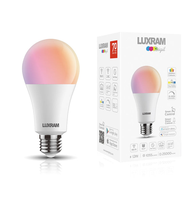 Luxram Digit Wi-Fi LED Smart Lamp,12W E27 GLS, RGB+CCT 2700K-6400K, 1055lm, APP Control, Alexa & Google Voice Control, 3yrs Warranty • 3000132