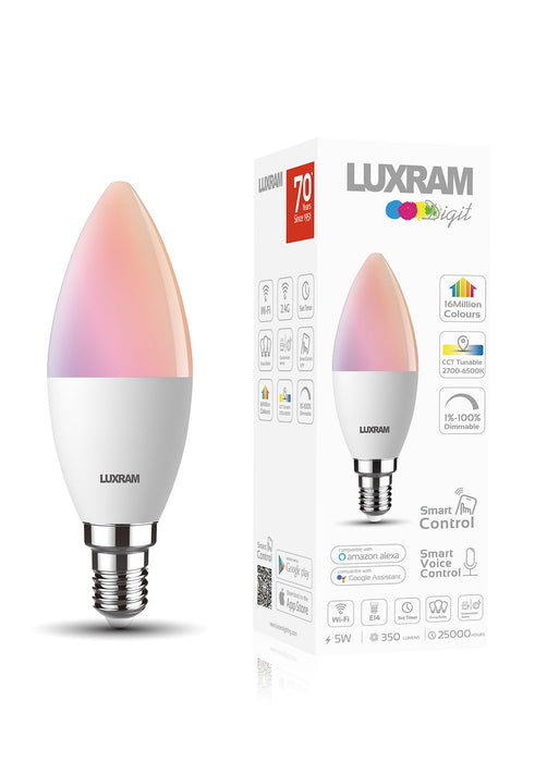 Luxram Digit Wi-Fi LED Smart Lamp,5W E14 Candle, RGB+CCT 2700K-6400K, 350lm, APP Control, Alexa & Google Voice Control, 3yrs Warranty • 3000142