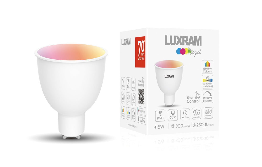 Luxram Digit Wi-Fi LED Smart Lamp,5W GU10 100°, RGB+CCT 2700K-6400K, 300lm, APP Control, Alexa & Google Voice Control, 3yrs Warranty • 3000152