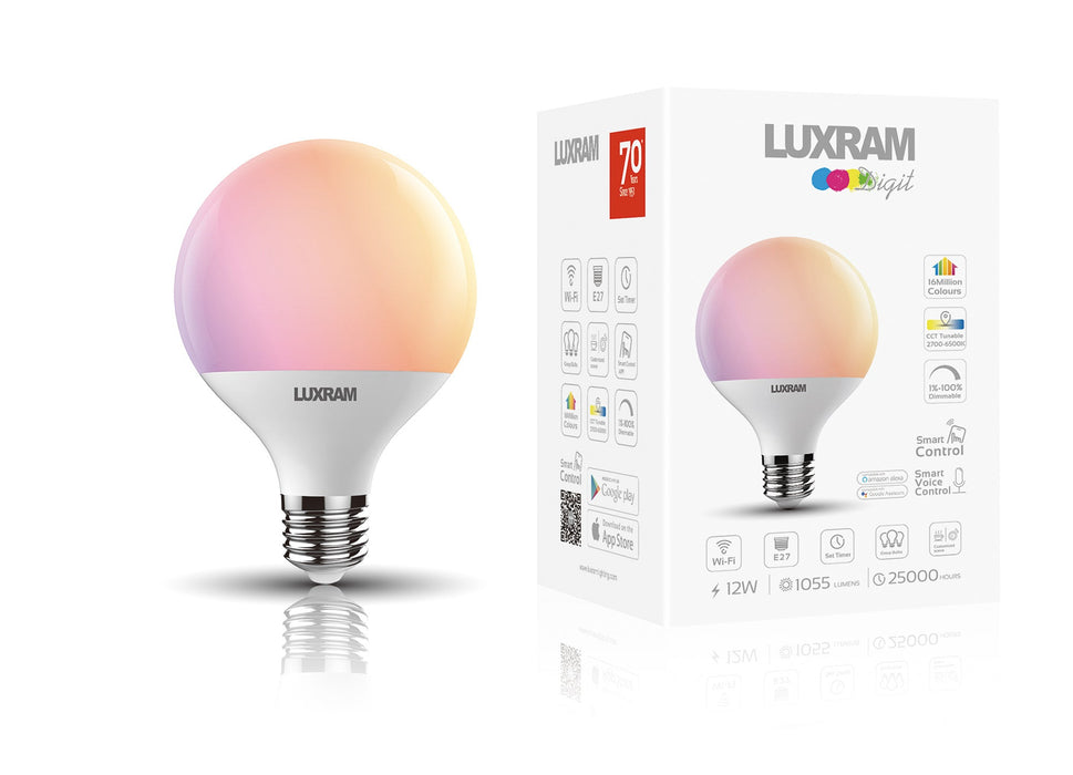 Luxram Digit Wi-Fi LED Smart Lamp,12W E27 Globe 95mm, RGB+CCT 2700K-6400K, 1055lm, APP Control, Alexa & Google Voice Control, 3yrs Warranty  • 3000242