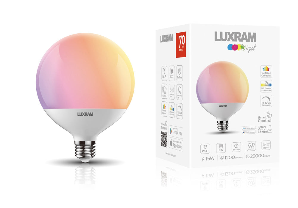 Luxram Digit Wi-Fi LED Smart Lamp,15W E27 Globe 120mm, RGB+CCT 2700K-6400K, 1200lm, APP Control, Alexa & Google Voice Control, 3yrs Warranty  • 3000252