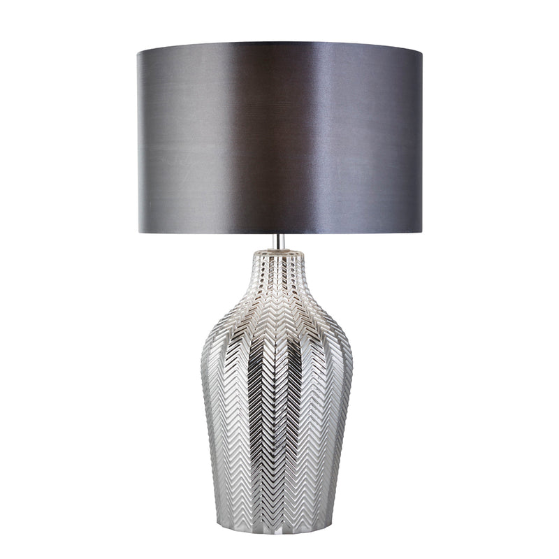 Searchlight Chevron 1Lt Table Lamp With Grey Drum Shade And Smoked Ribbed Glass Base • 3452SM