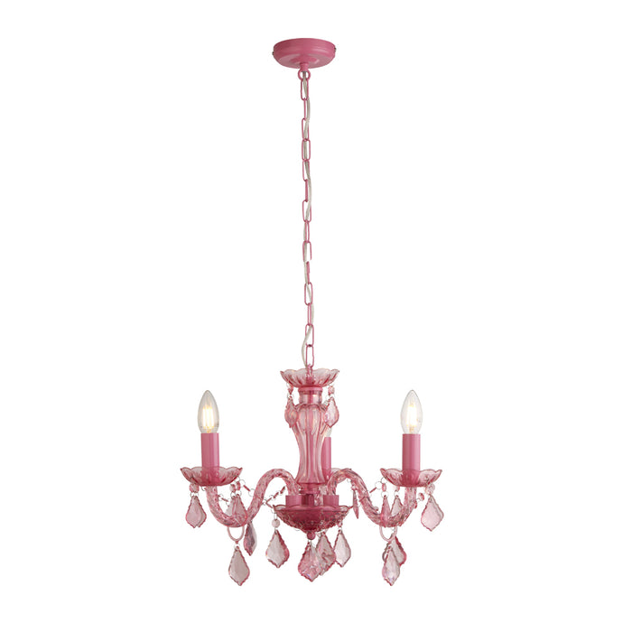 Searchlight Kids 3Lt Pink Chandelier, Metal Frame, Acrylic Beads And Glass Column • 3943-3PI