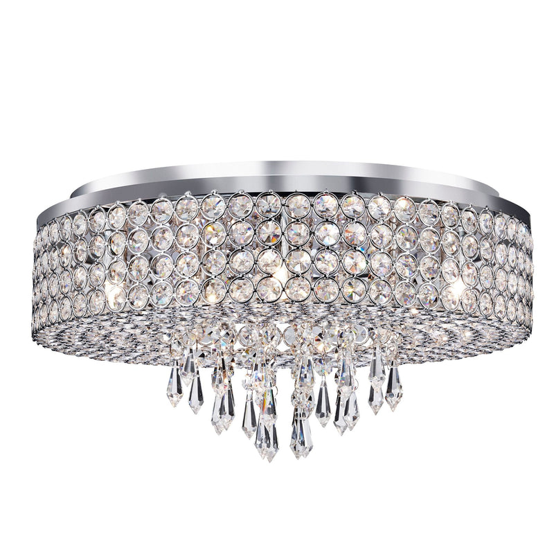 Searchlight Orion - 9Lt Ceiling Flush, Chrome With Clear Crystal Glass Button Inserts & Drops • 4139-9CC