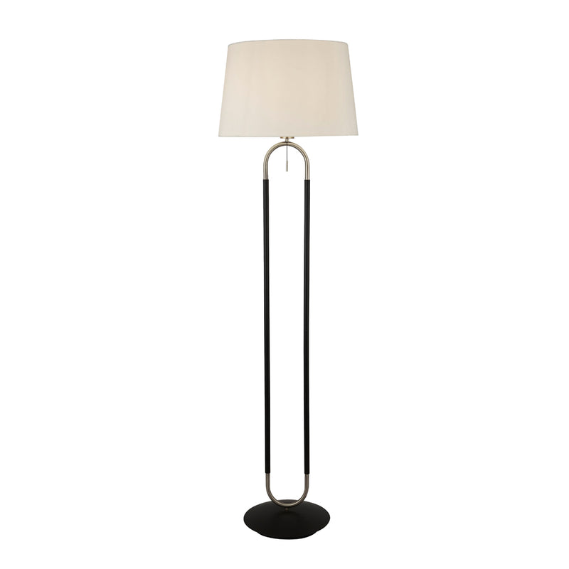 Searchlight Jazz 1Lt Floor Lamp, Satin Silver And Black, White Velvet Shade. Pull Switch • 41432SS