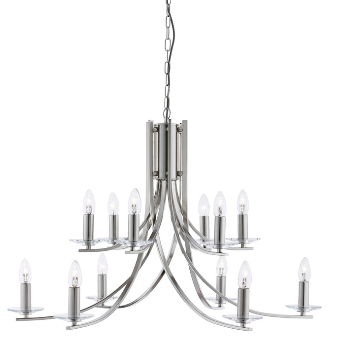 Searchlight Ascona - 12Lt Ceiling, Satin Silver Twist Frame, Clear Glass Sconces • 41612-12SS