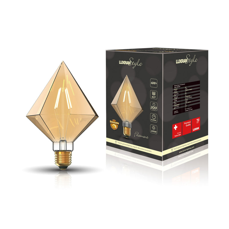 Luxram Classic Style LED Tri-Diamond E27 Dimmable 220-240V 4W 2100K, 200lm, Amber Finish, 3yrs Warranty • 4600292