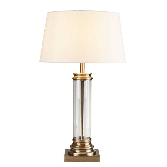 Searchlight Pedestal Table Lamp - Glass Column & Antique Brass Base, Cream Shade • 5141AB