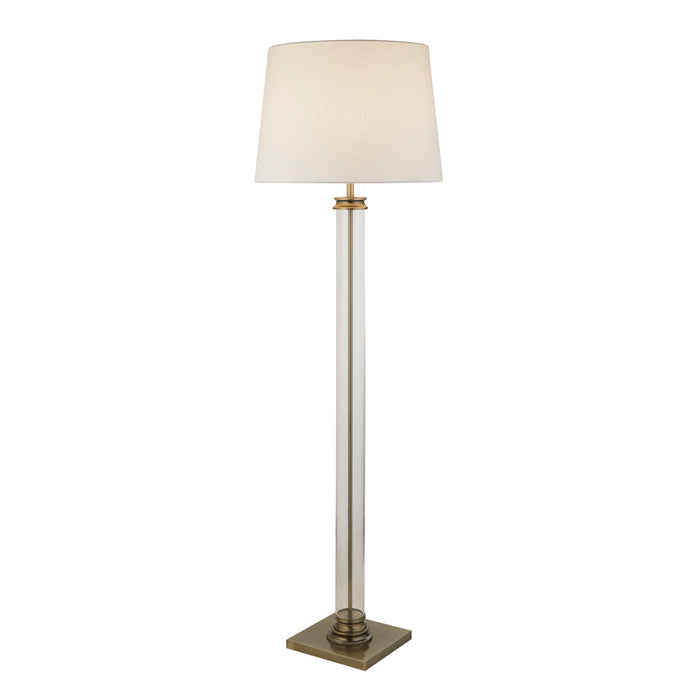 Searchlight Pedestal Floor Lamp - Glass Column & Antique Brass Base, Cream Shade • 5142AB