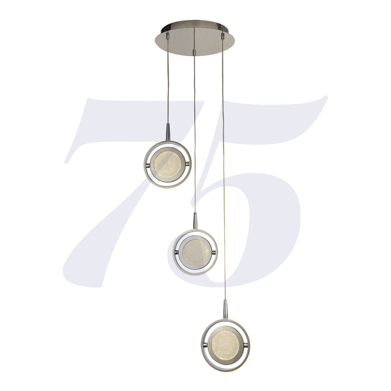 Searchlight Gyroscope 3Lt Multi Drop Led Ring Pendant - Chrome With Crystal Sand • 5303-3CC