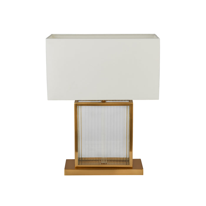 Searchlight Clarendon 1Lt Table Lamp, Tempered Glass, Velvet Off White Shade. Satin Brass • 54210SB