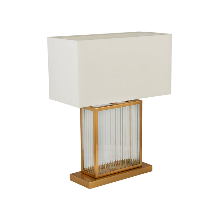 Searchlight Clarendon 1Lt Table Lamp, Tempered Glass, Velvet Off White Shade. Satin Brass • 54210SB
