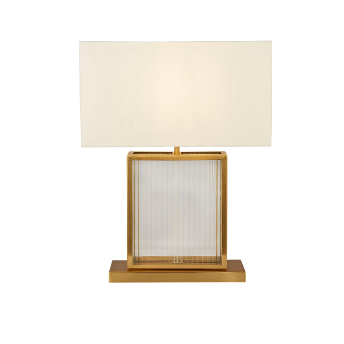 Searchlight Clarendon 1Lt Table Lamp, Tempered Glass, Velvet Off White Shade. Satin Brass • 54210SB