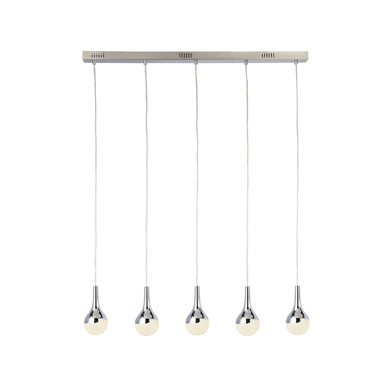 Searchlight Wave Teardrop 5Lt Led Bar Pendant, Crushed Ice Effect Shade, Chrome • 5855-5CC
