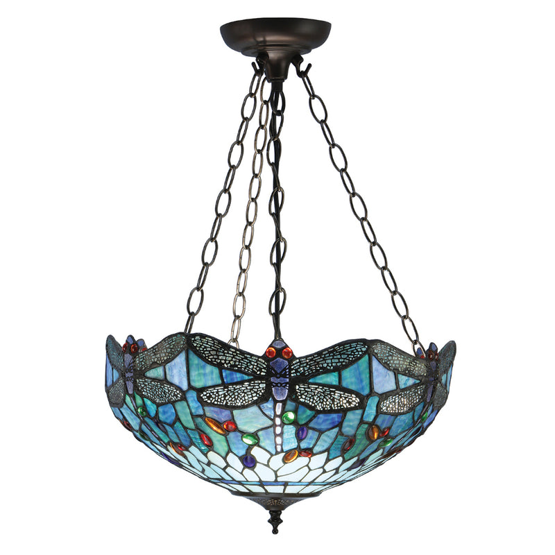 Dragonfly Blue Medium Inverted 3 Light Tiffany Pendant Ceiling Light