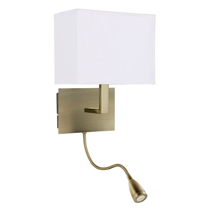 Searchlight Hotel Wall Light Adjustable  - 2Lt W/Bracket, Led Flexi Arm, Antique Brass, White Shade • 6519AB
