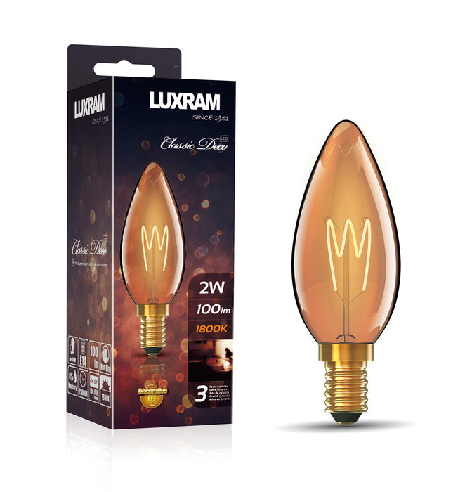 Luxram Classic Deco LED Candle/W E14 Non-Dimmable 2W Warm White 1800K, 100lm, Gold Finish, 3yrs Warranty • 703111023