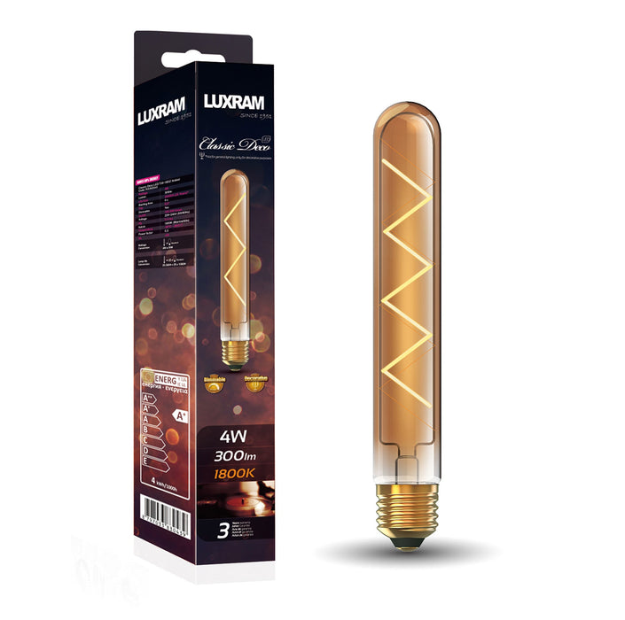 Luxram Classic Deco LED 185mm Tubular E27 Dimmable 4W 1800K Extra Warm White, 300lm, Gold Glass, 3yrs Warranty • 703382043