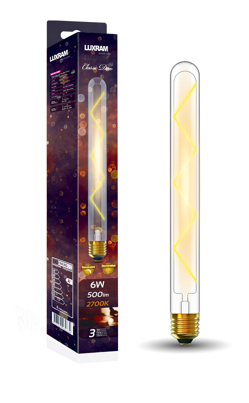 Luxram Classic Deco LED 280mm Tubular E27 Dimmable 6W 2700K Warm White, 500lm, Clear Glass, 3yrs Warranty  • 703391263