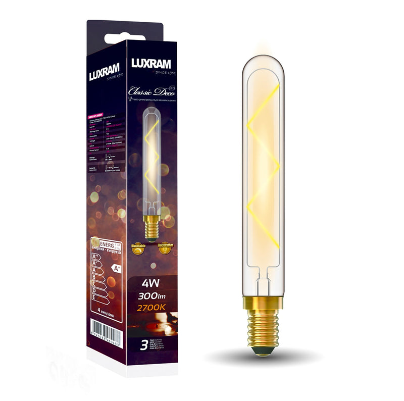 Luxram Classic Deco LED 185mm Tubular E14 Dimmable 4W 2700K Warm White, 300lm, Clear Glass, 3yrs Warranty  • 703396043