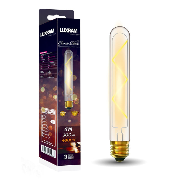Luxram Classic Deco LED 185mm Tubular E27 Dimmable 4W 4000K Natural White, 300lm, Clear Glass, 3yrs Warranty • 703397042
