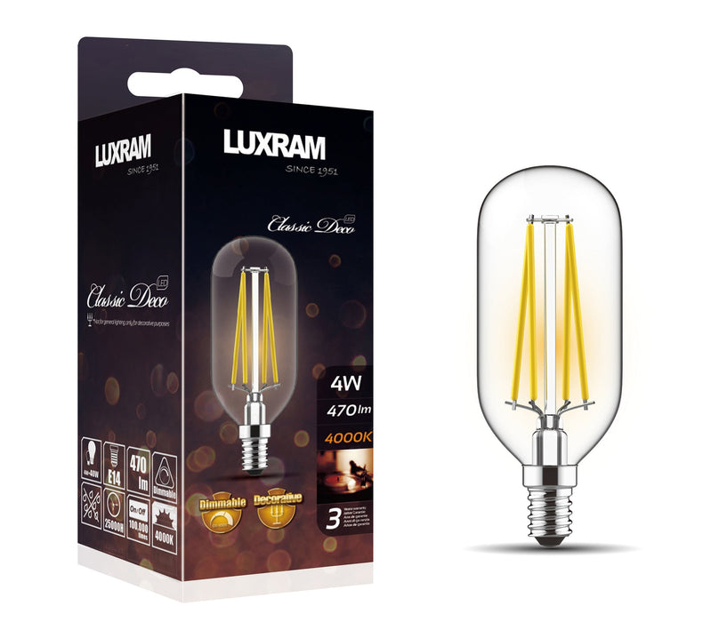 Luxram Classic Deco LED T45 4000K Natural White E14 4W Dimmable Clear Glass Ø45x110mm (straight filament) 3yrs Warranty  • 703401042