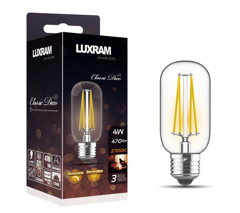 Luxram Classic Deco T45 LED 2700K Warm White E27 4W Dimmable Clear Glass Ø45x110mm (straight filament) 3yrs Warranty • 703402043