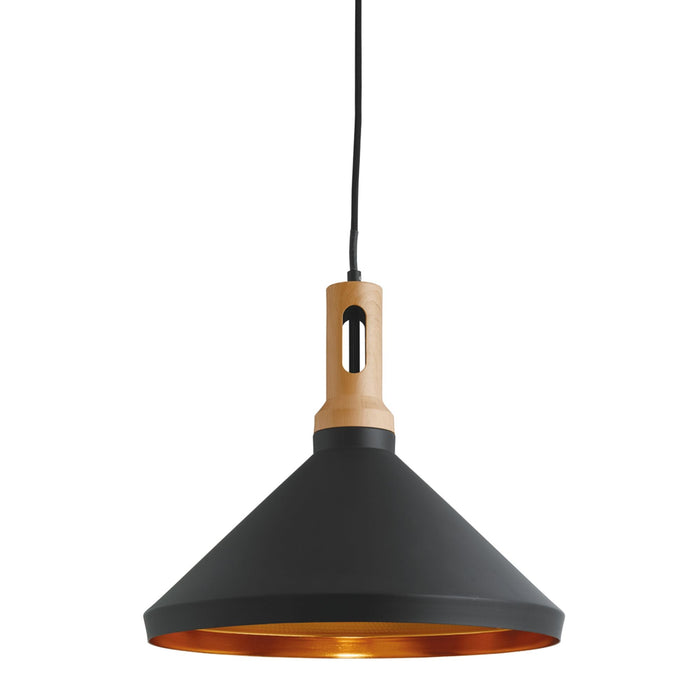 Searchlight Wong Pendant ,1Lt Cone, Gold Inner, Black Outer, Wood Effect Cap • 7051BK
