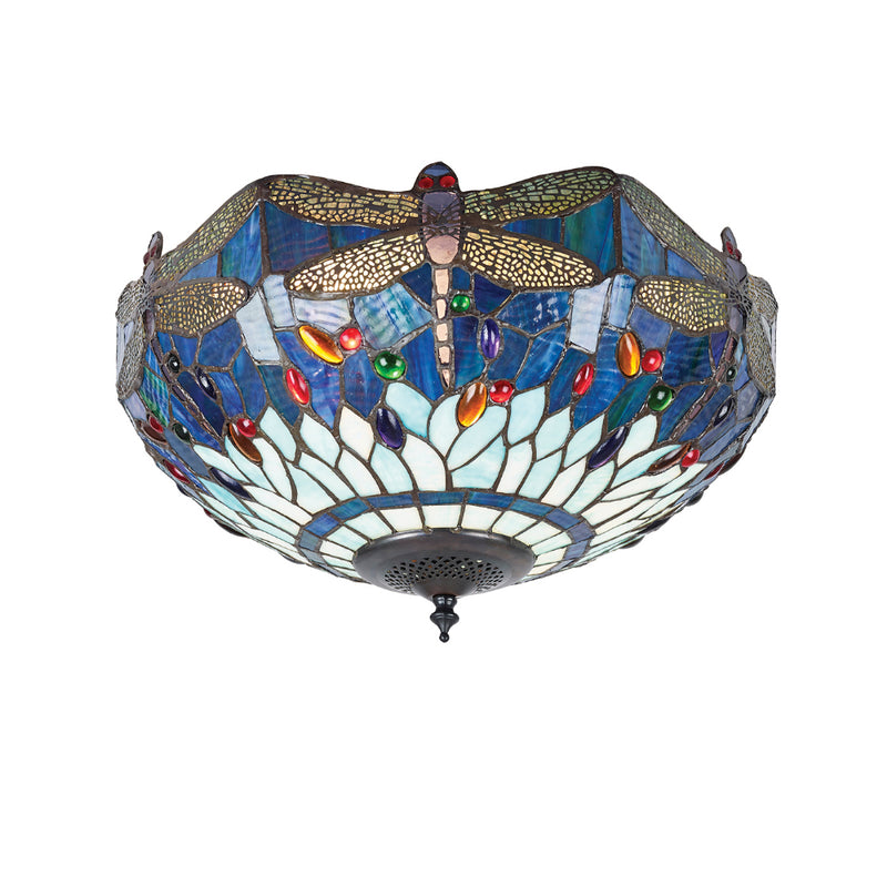 Dragonfly Blue Medium 2 Light Tiffany Flush Ceiling Light
