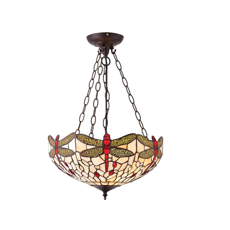Dragonfly Beige Medium Inverted 3 Light Tiffany Pendant Ceiling Light