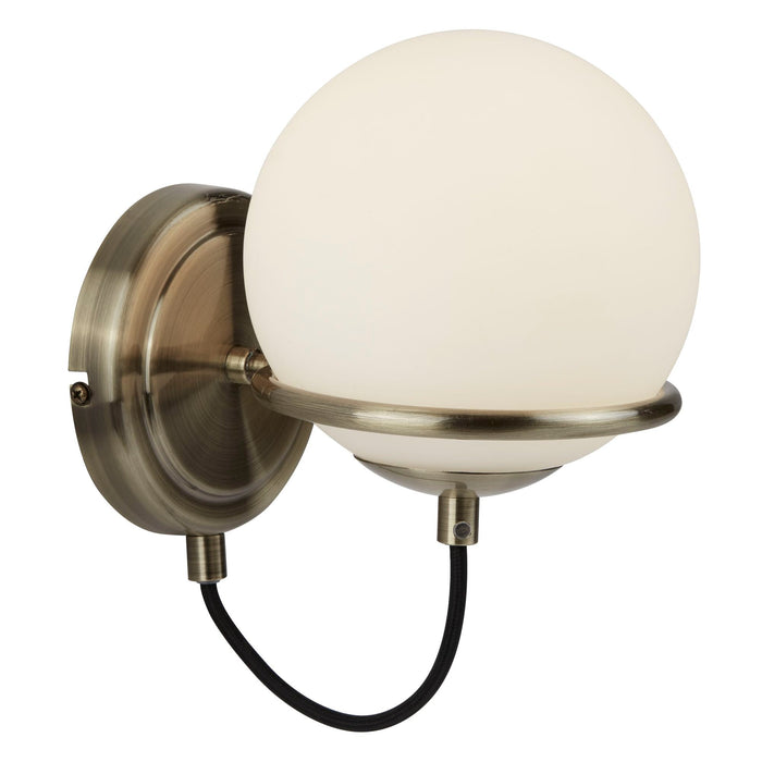 Searchlight Sphere 1Lt Wall Bracket, Antique Brass, Black Braided Cable, Opal White Glass Shades • 7091AB