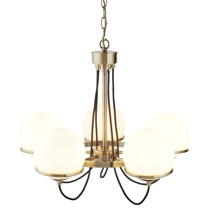 Searchlight Sphere 5Lt Ceiling, Antique Brass, Black Braided Cable, Opal White Glass Shades • 7095-5AB